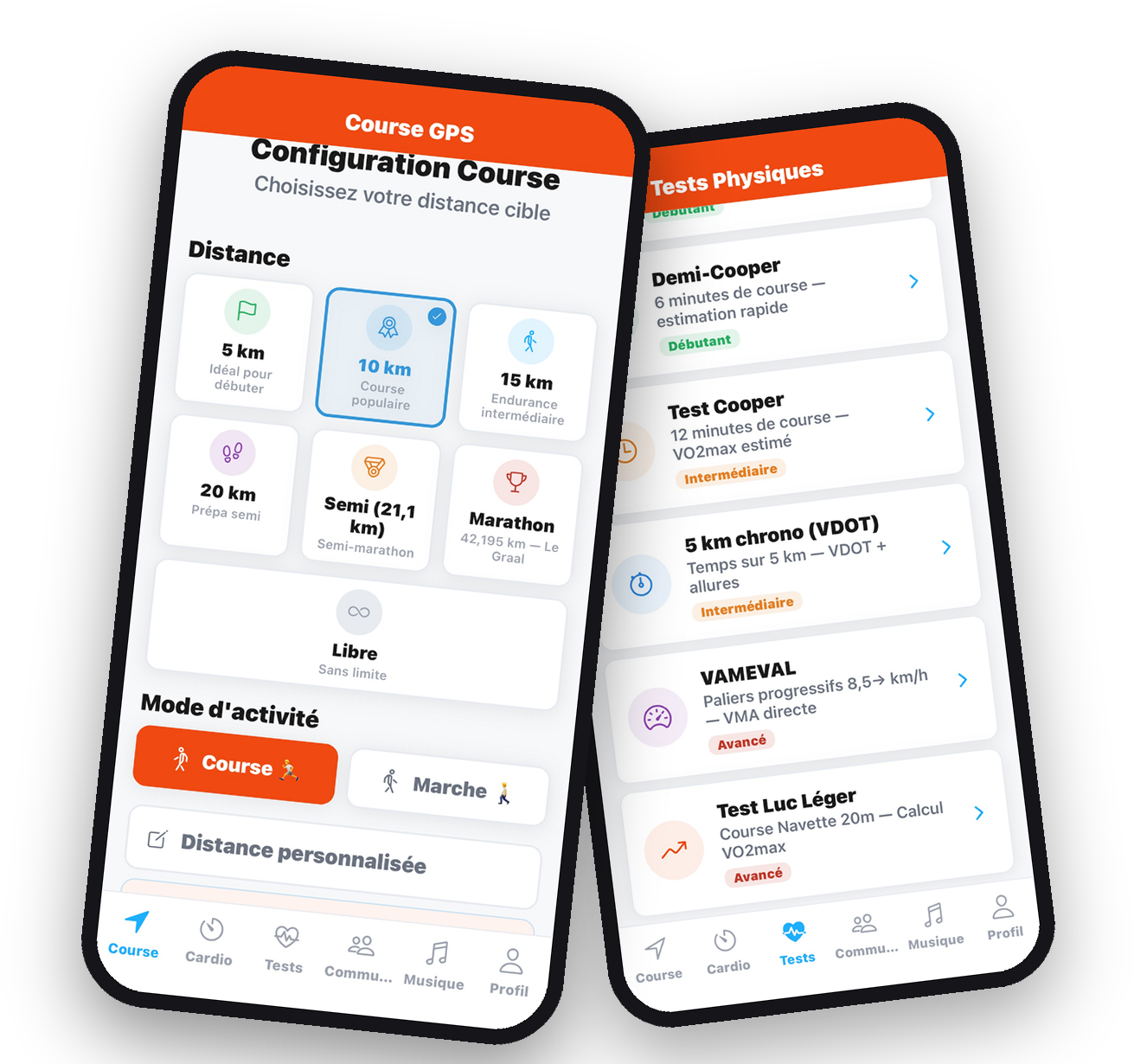 Écrans de Run Expert : configuration d'une course GPS et liste des tests physiques