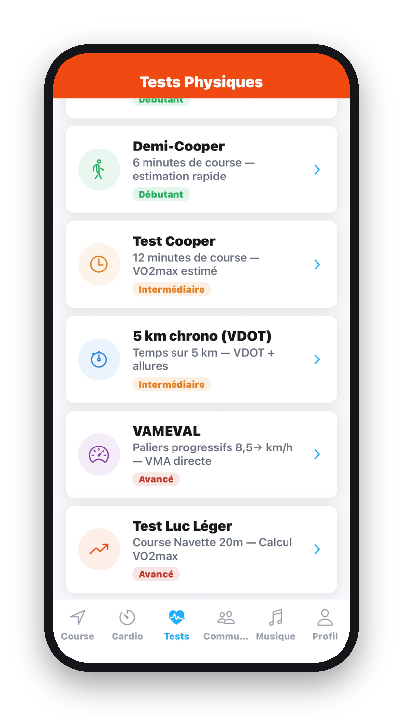 Liste des tests physiques dans l'application