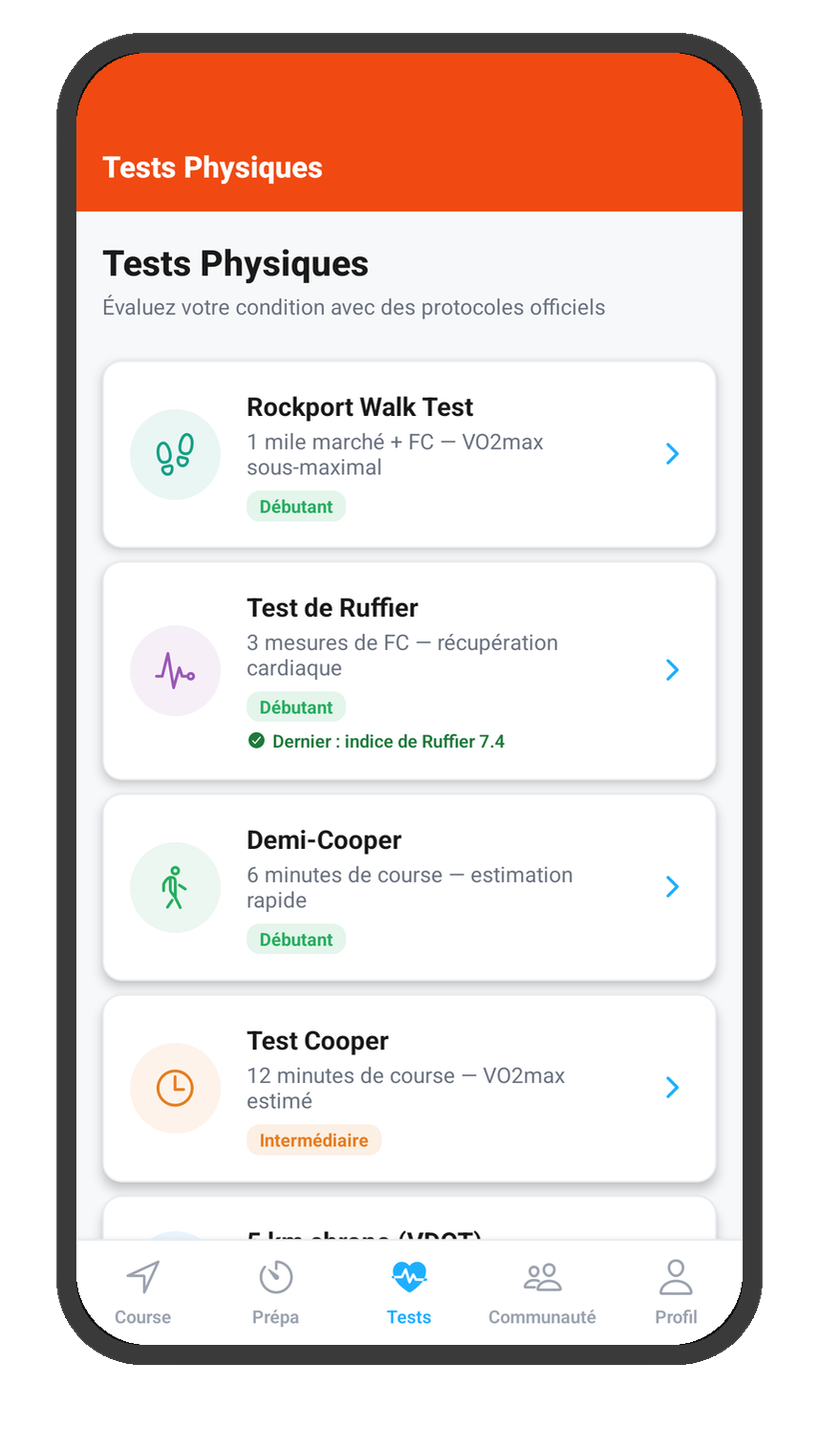 Liste des tests physiques dans l'application